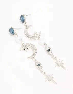 Secure Appearance Ornate Element Silver Blue Diamante Celestial Drop Earrings
