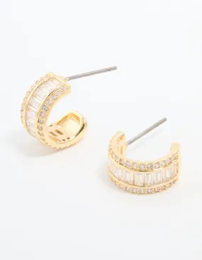 Classic Detail Gold Plated Cubic Zirconia Baguette Small Hoop Earrings
