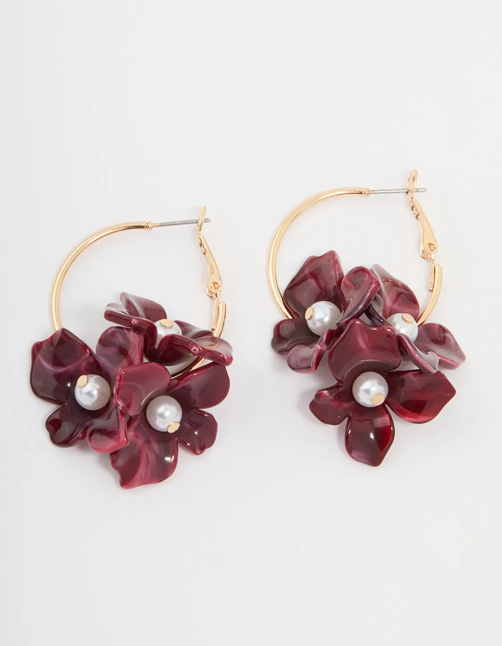 Gold Burgundy Pearl Petal Flower Drop Earrings Splendid Accent