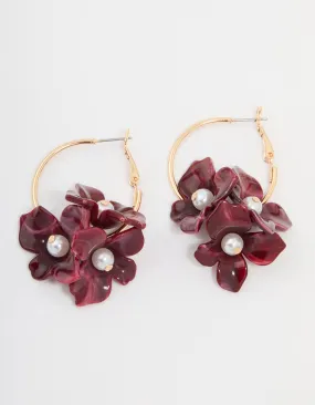 Gold Burgundy Pearl Petal Flower Drop Earrings Splendid Accent