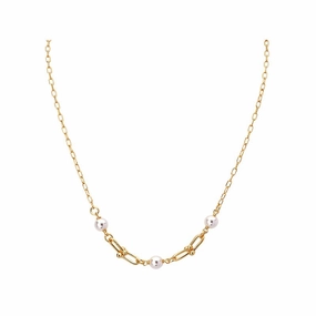 Sterling Silver Gold Plated U-Link and Pearl Necklace Shiny Jewels Golden Tone