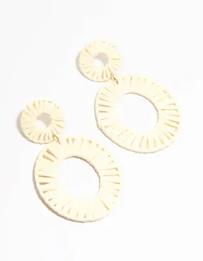 Cream Raffia Fabric Double Disc Drop Earrings Pretty Ornament