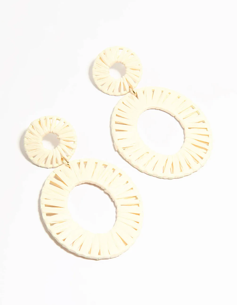 Cream Raffia Fabric Double Disc Drop Earrings Pretty Ornament