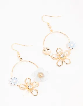 Evening Trinket Classic Choice Gold Acrylic Blue Flower Round Drop Earrings