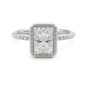 Travel Gift Minimal Form Classic Halo Radiant Cut Moissanite Engagement Ring with Hidden Anniversary Stone Accent