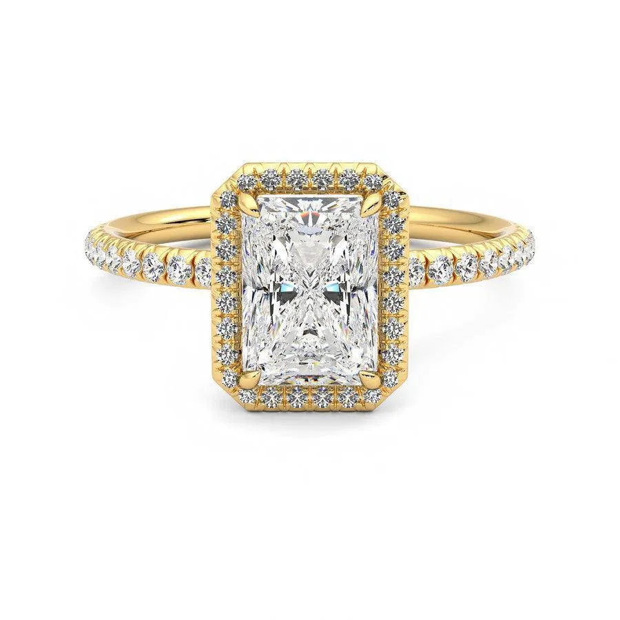 Gorgeous style Everyday Style Classic Halo Radiant Cut Moissanite Engagement Ring with Hidden Anniversary Stone Accent