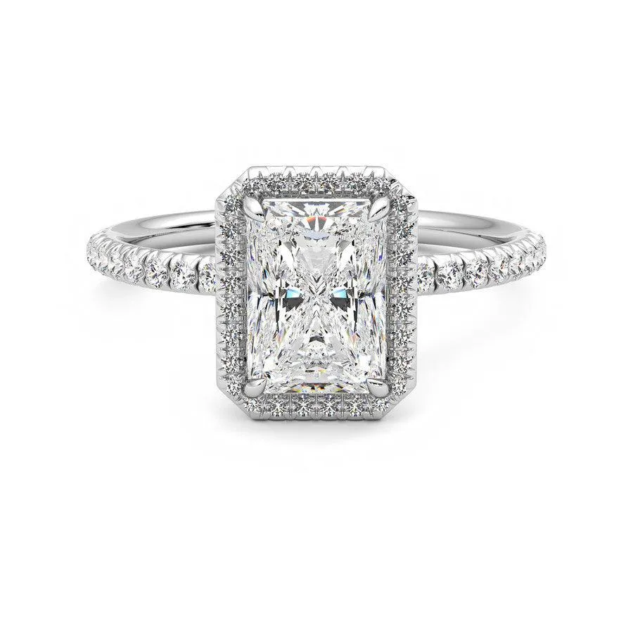 Classic Halo Radiant Cut Moissanite Engagement Ring with Hidden Anniversary Stone Accent Daily Balance Ready Made