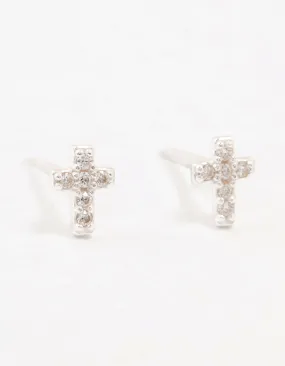 Creative Piece Petite Piece Cubic Zirconia Cross Sterling Silver Stud Earrings