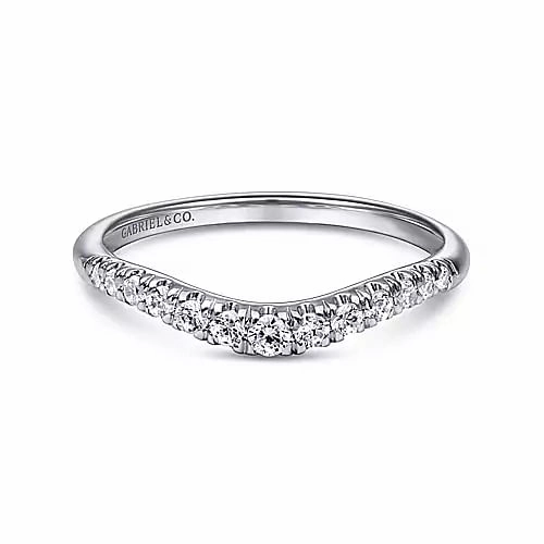 Minimal Detail Graceful Accent Curved 14K White Gold French Pave Diamond Wedding Band