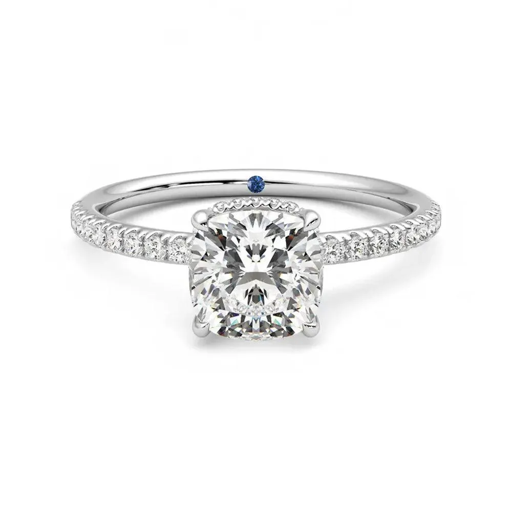 Cushion Cut Moissanite Engagement Ring with Hidden Halo and Anniversary Stone Accent Exquisite Art Personal Statement