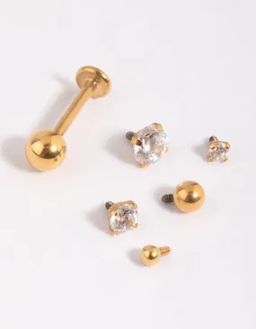 Gold Plated Surgical Steel Cubic Zirconia Flat Back 6-Pack Trendy Item