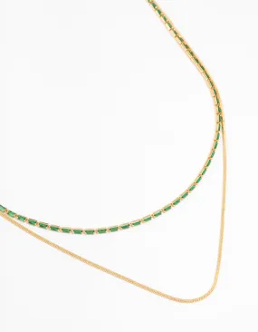 Gold Plated Cubic Zirconia Emerald Baguette Dainty Layered Necklace Signature Piece Lovely Style