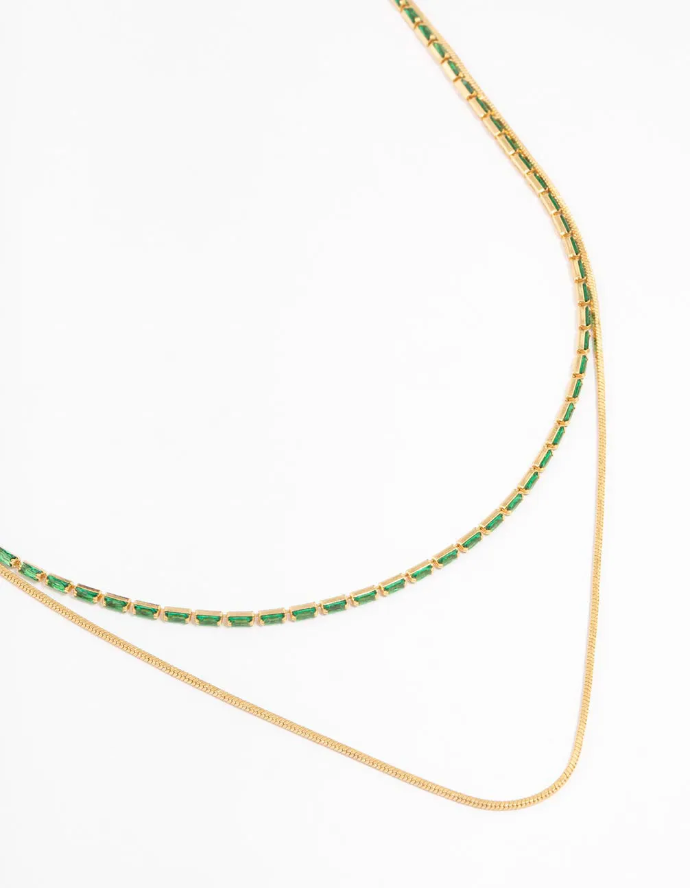 Gold Plated Cubic Zirconia Emerald Baguette Dainty Layered Necklace Signature Piece Lovely Style