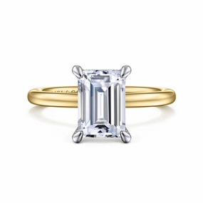 14K Yellow/White Gold Emerald Cut Hidden Halo Engagement Ring Occasion Wear