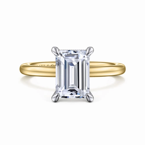 14K Yellow/White Gold Emerald Cut Hidden Halo Engagement Ring Occasion Wear