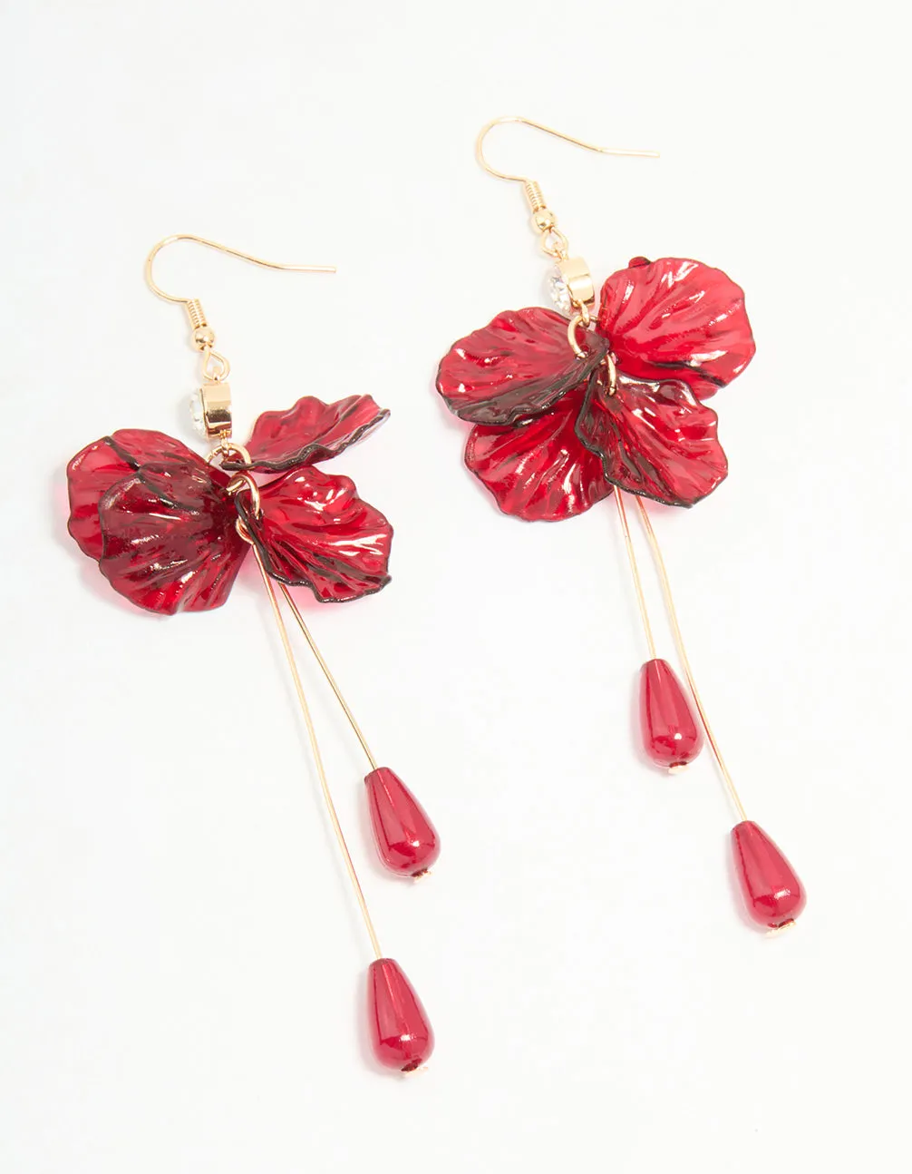 Gold Red Beaded & Diamante Flower Drop Earrings Avant-Garde Adornment