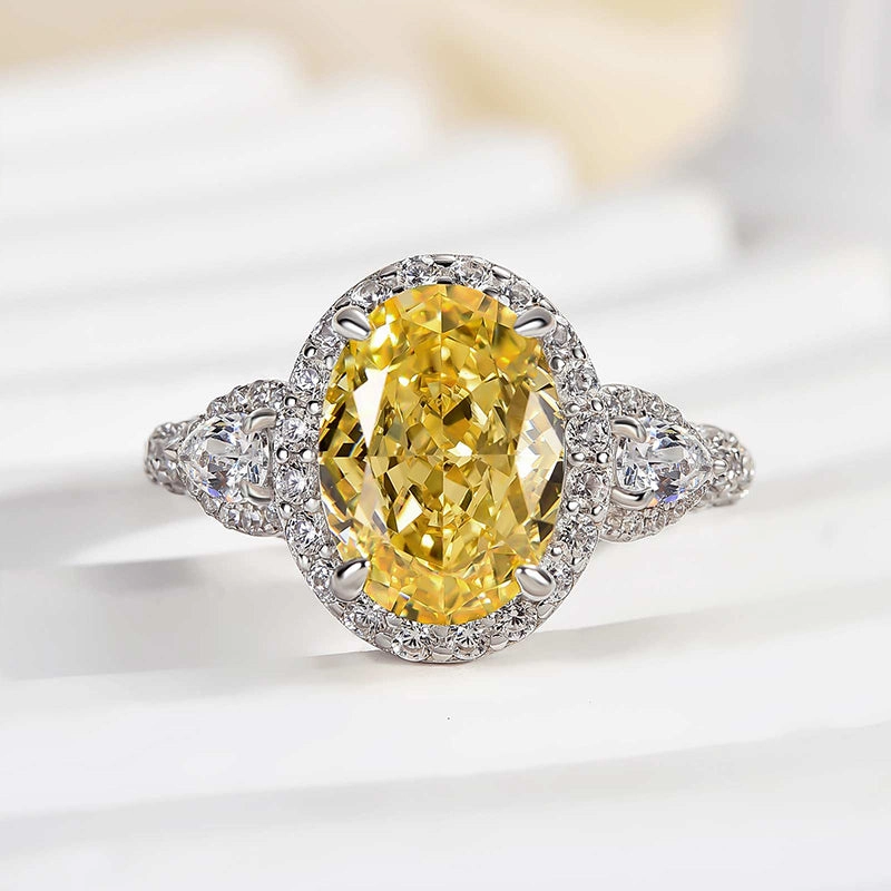 Louily Luxury Yellow Stone Halo Oval Cut Engagement Ring Cool Touch