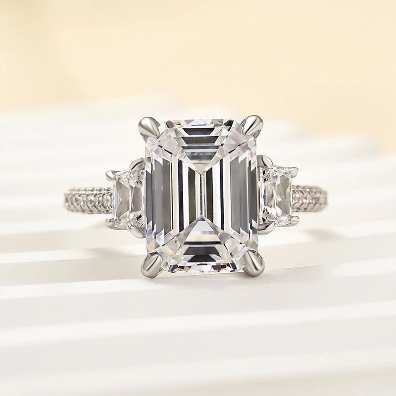 Soft Style Louily Stunning Emerald Cut Three Stone Engagement Ring In Sterling Silver