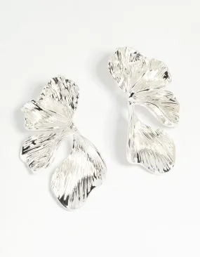 Silver Plated Organic Petal Stud Earrings Iridescent Adornment Oversized Adornment