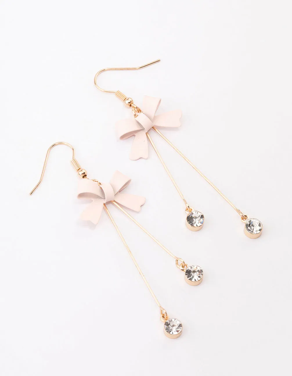 Blush Diamante Bow Double Bar Drop Earrings Shiny Aesthetic Minimalist Design