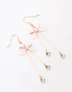 Blush Diamante Bow Double Bar Drop Earrings Shiny Aesthetic Minimalist Design