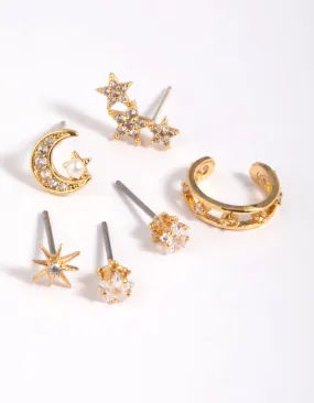 Gold Plated Brass Cubic Zirconia Celestial Stud Earring 6-Pack Square Ornament