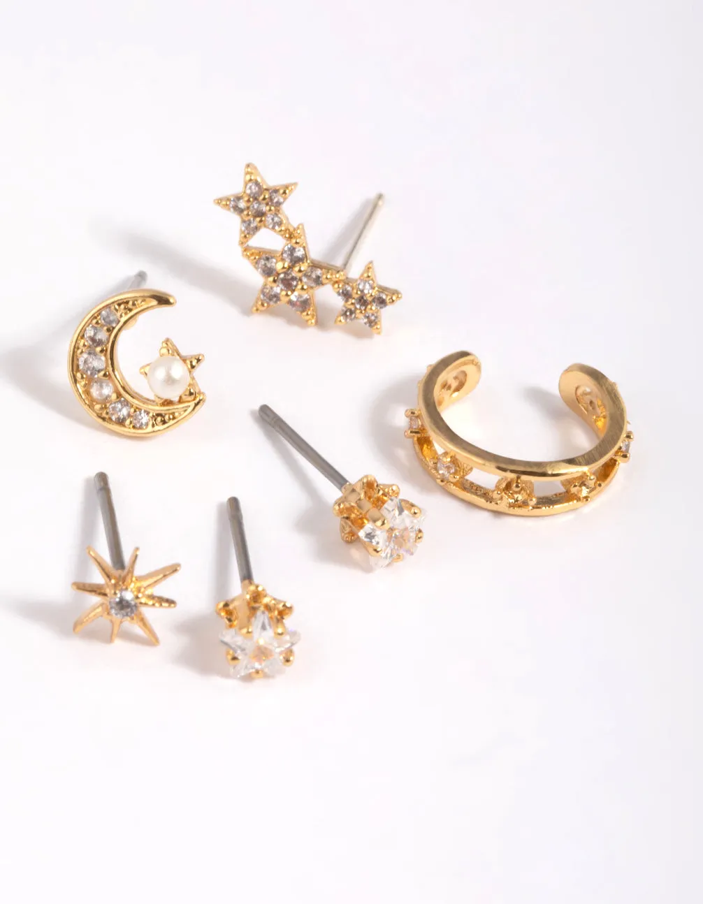 Gold Plated Brass Cubic Zirconia Celestial Stud Earring 6-Pack Square Ornament
