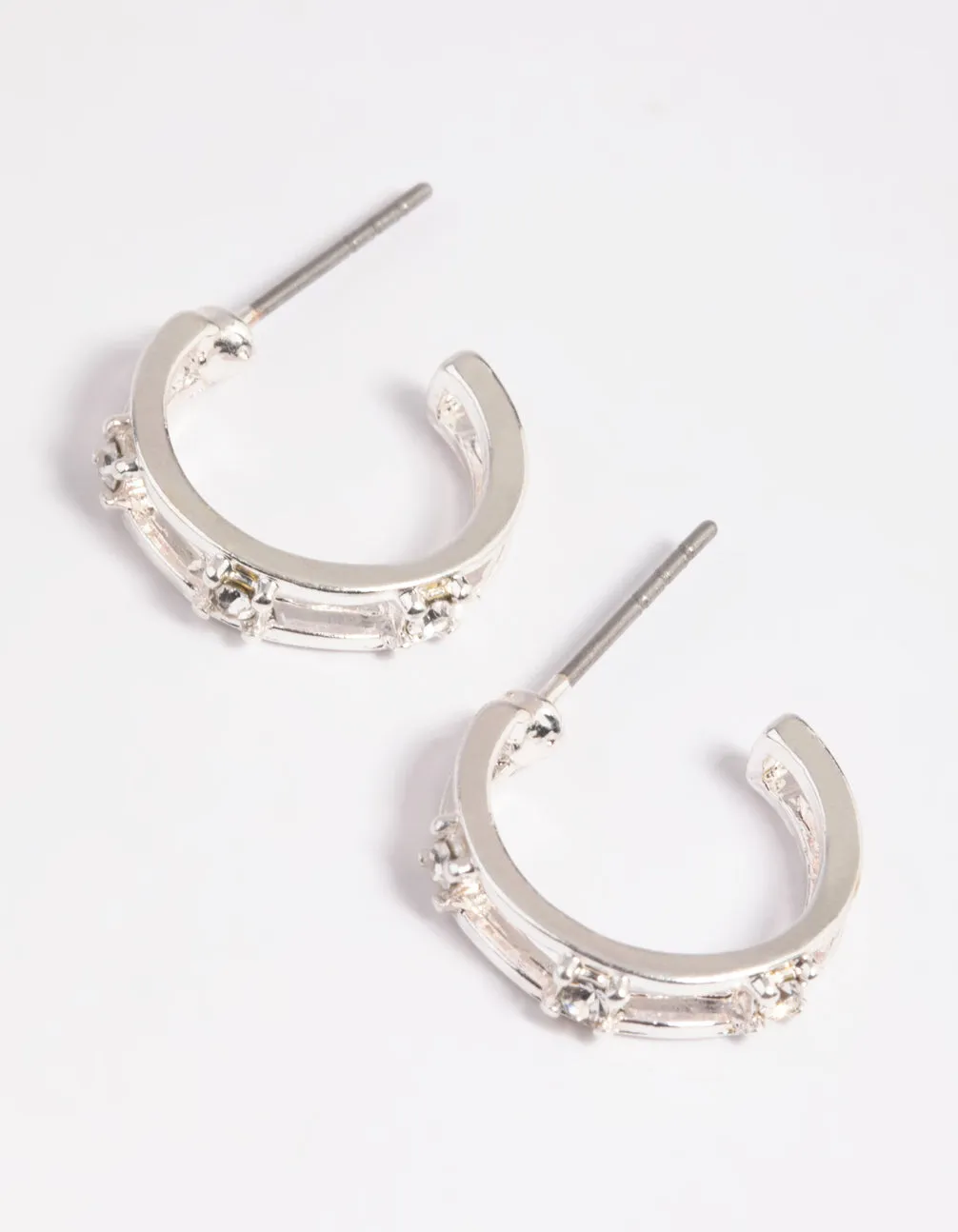 Social Embellishment Opulent Piece Silver Diamante Huggie Hoop Earrings