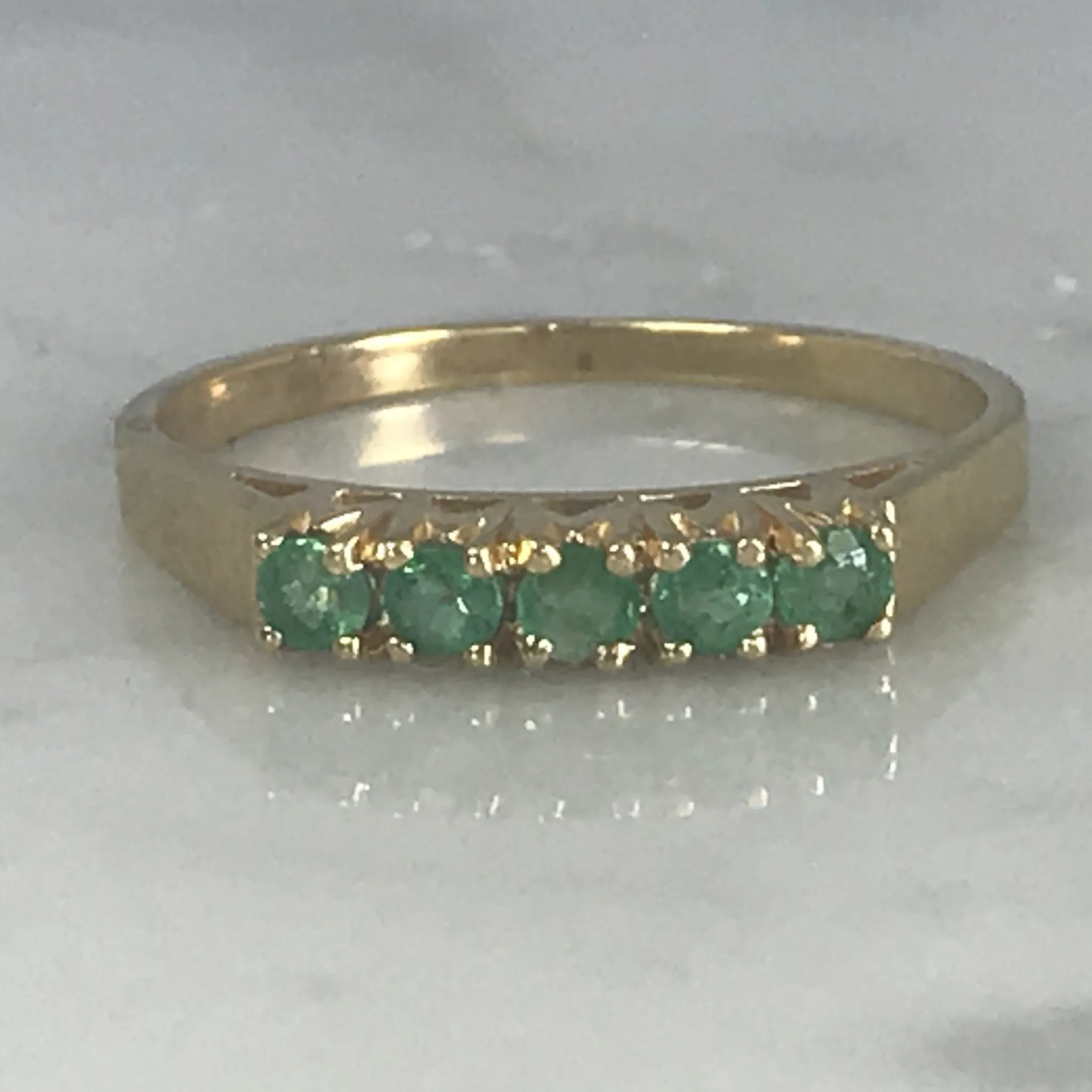 Superior Design Dressing Up Emerald Wedding Band or Stacking Ring in 14K Yellow Gold. Estate Jewelry. May Birthstone.