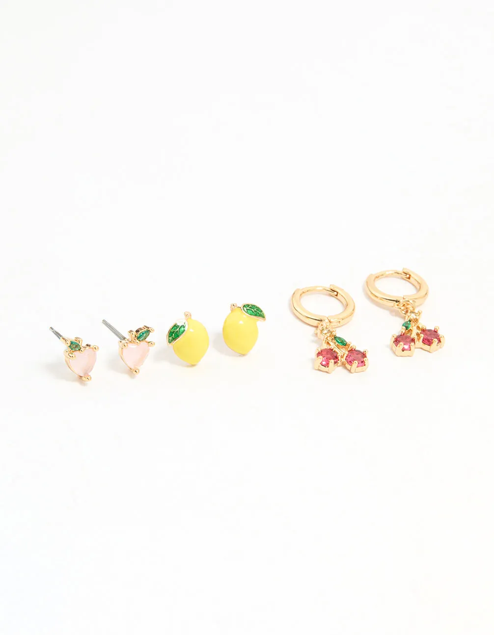 Lovely Piece Bright Accent Gold Enamel Mixed Fruit Stud Earrings 3-Pack