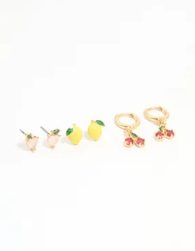 Glossy Accent Unique Feature Gold Enamel Mixed Fruit Stud Earrings 3-Pack