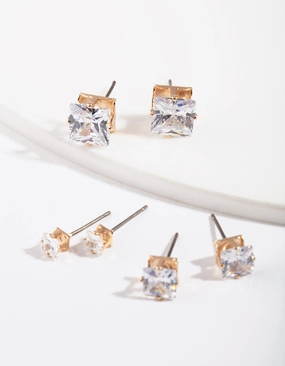 Modern Jewelry Graceful Accent Gold Square Cut Diamante Stud Pack