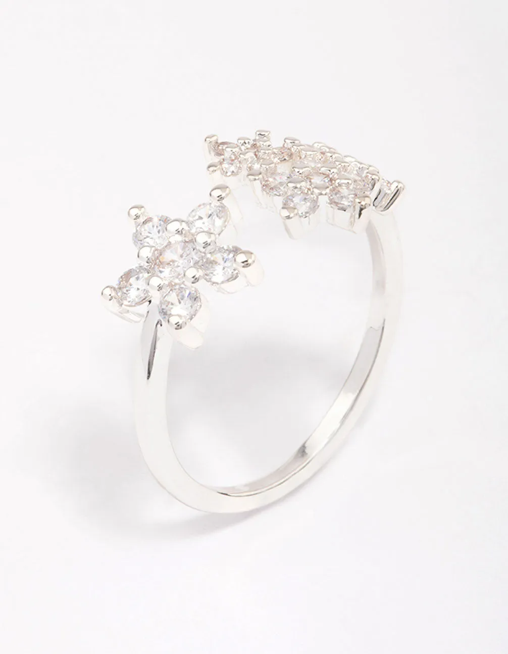Silver Plated Cubic Zirconia Open Flower Ring Vintage Work