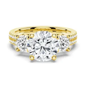 Simple Token Double Row Pave Three Stone Round Cut Moissanite Engagement Ring