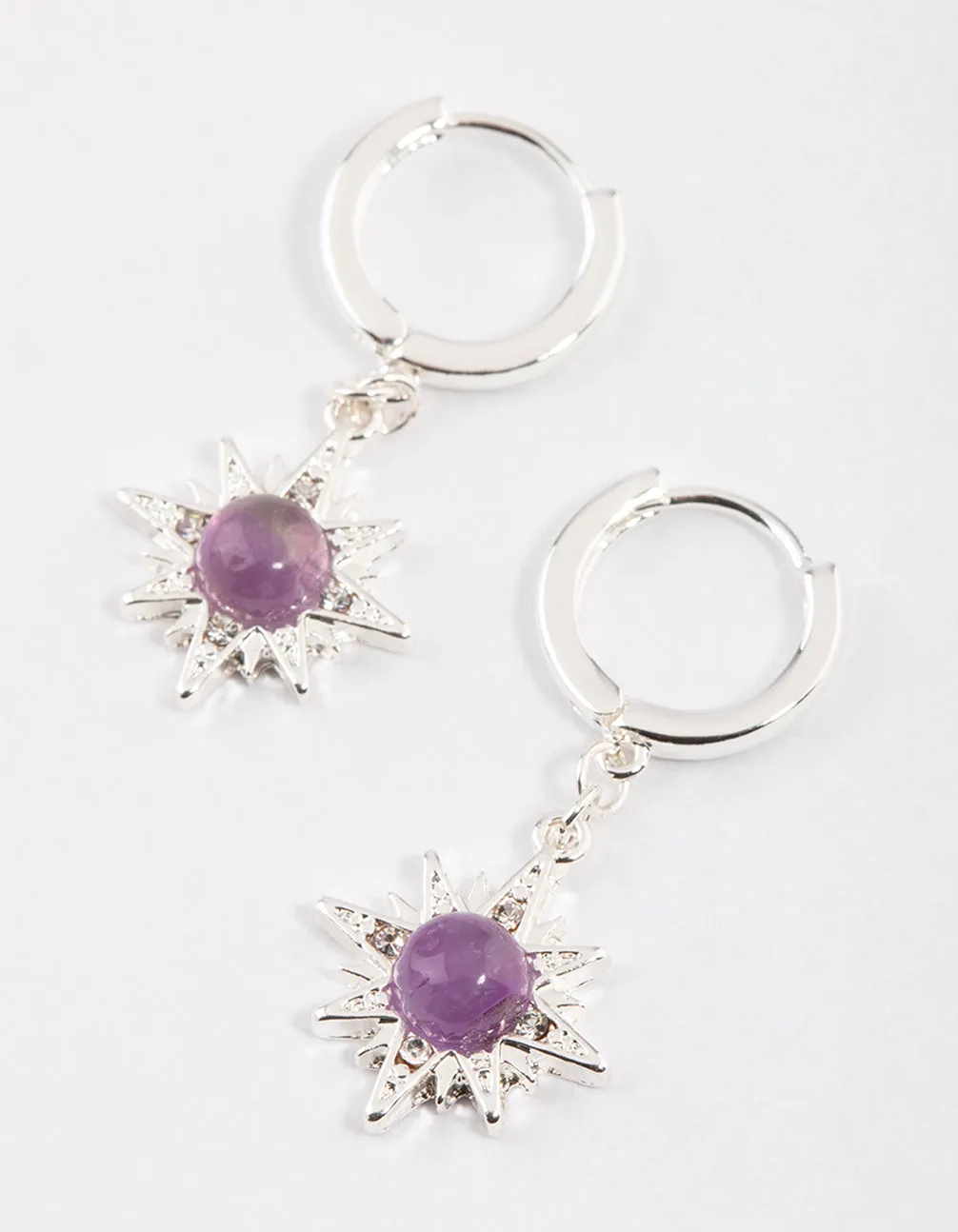 Silver Amethyst Starburst Huggie Earrings Social Piece