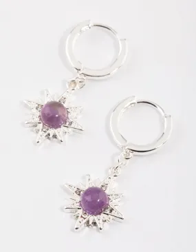 Silver Amethyst Starburst Huggie Earrings Social Piece