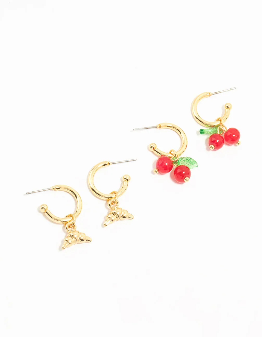 Gold Plated Cherry & Croissant Hoop Earrings 2-Pack Striking Accent Daily Jewelry