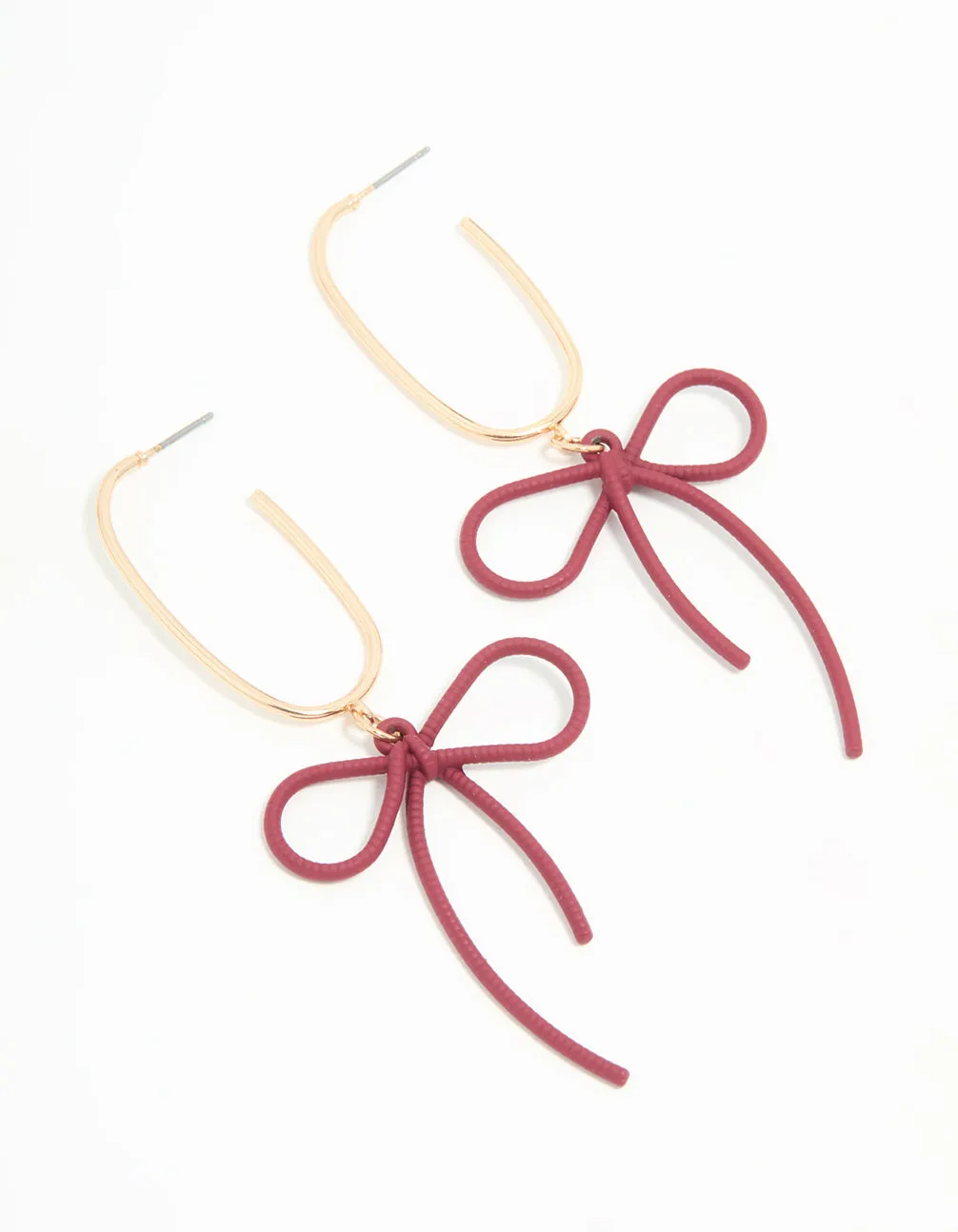 Gold Burgundy Bow Drop Earrings Glittery Embellishment