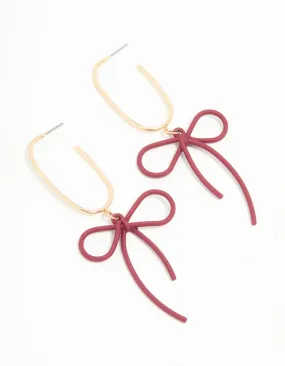 Gold Burgundy Bow Drop Earrings Glittery Embellishment