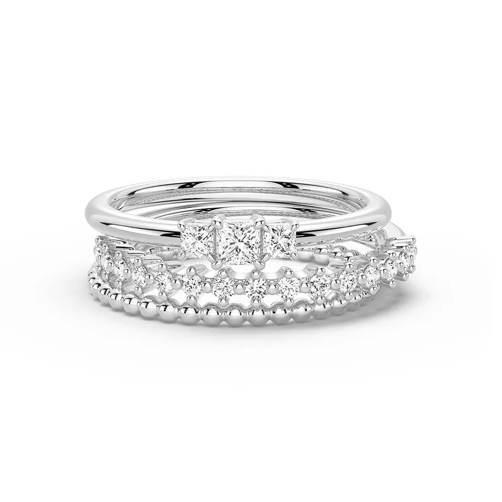 Celestial Compass And Princess Lab Diamond Stacking Rings with Beaded Accent Band Fine Work