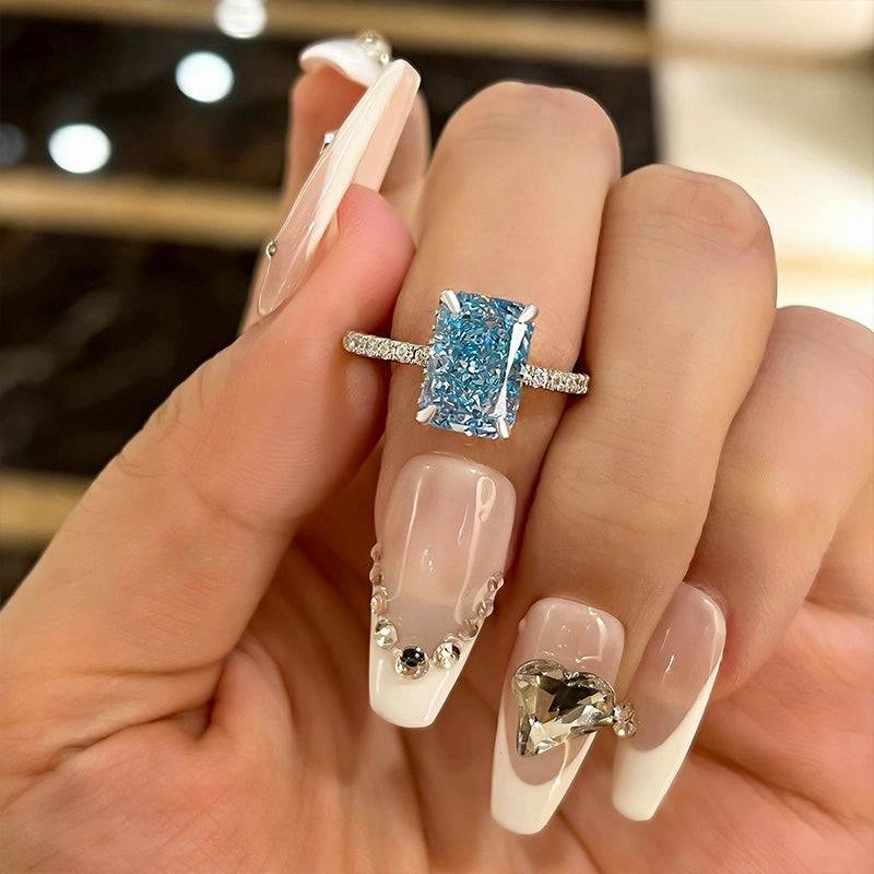 Night Spark Louily Exclusive Radiant Cut Light Aquamarine Blue Engagement Ring In Sterling Silver