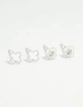 Luxurious Must-Have Sterling Silver Cubic Zirconia Flower Stud Earrings 2-Pack