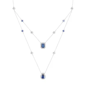 Beach Vacation Jewelry Modern Item 2.98 CT. Pear & Emerald Cut Sapphire Halo Layered Necklace