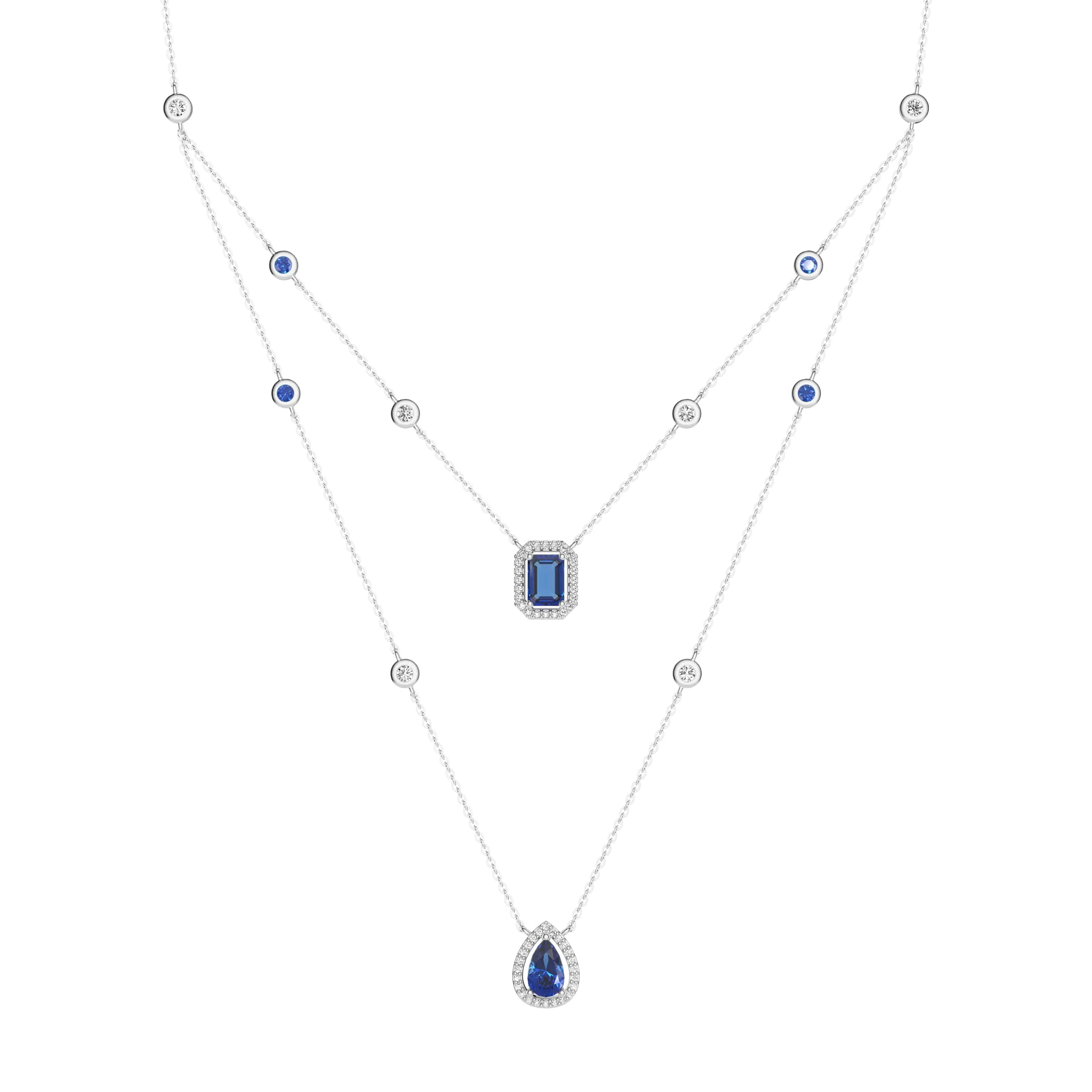 Beach Vacation Jewelry Modern Item 2.98 CT. Pear & Emerald Cut Sapphire Halo Layered Necklace