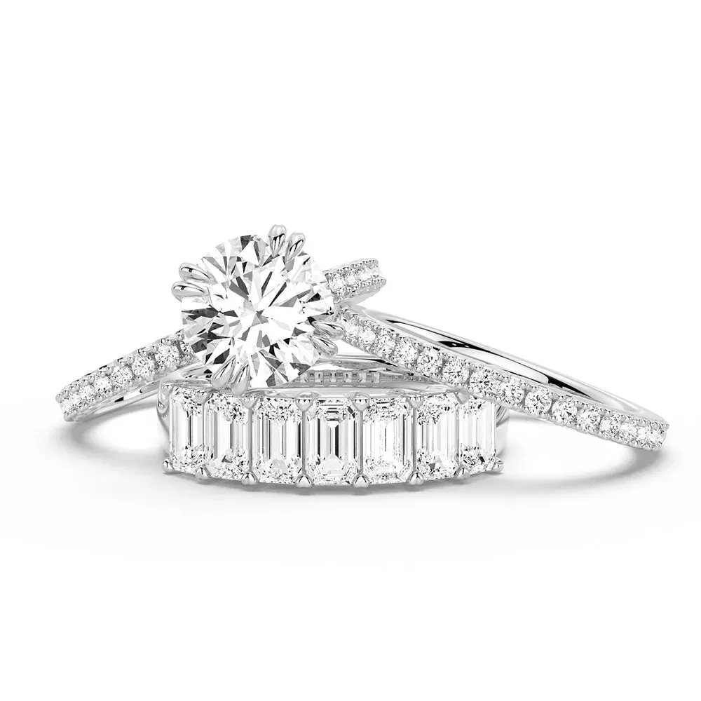 Modern Detail Fashion Forward Round Cut Moissanite Ring Set with Matching Stacking Band