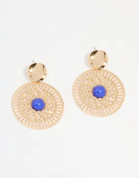 Gold Filigree & Blue Marble Center Drop Earrings Tiny Accent