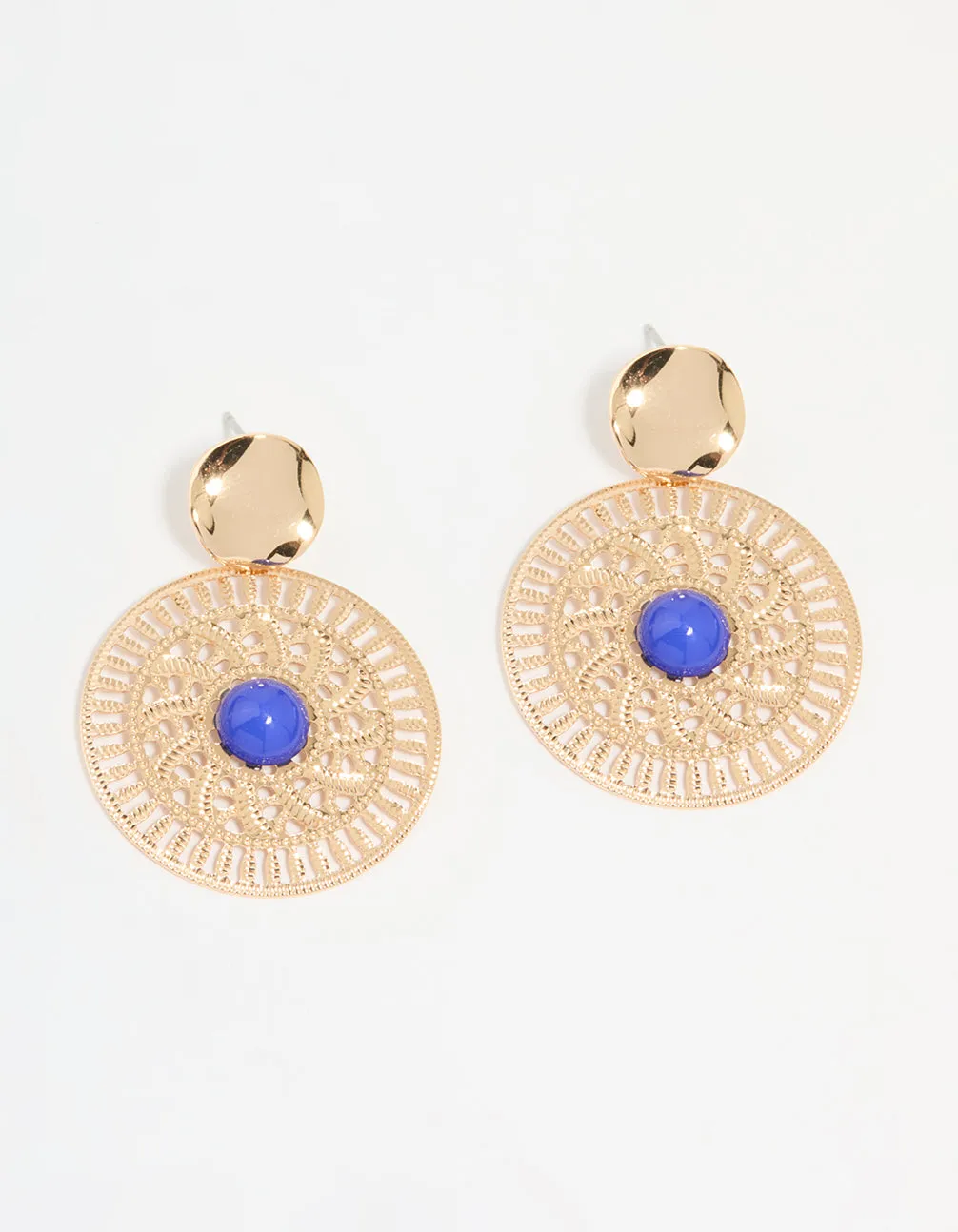 Gold Filigree & Blue Marble Center Drop Earrings Tiny Accent