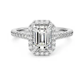 Emerald Cut Halo Moissanite Engagement Ring with Hidden Anniversary Stone Accent Low-Cost Art