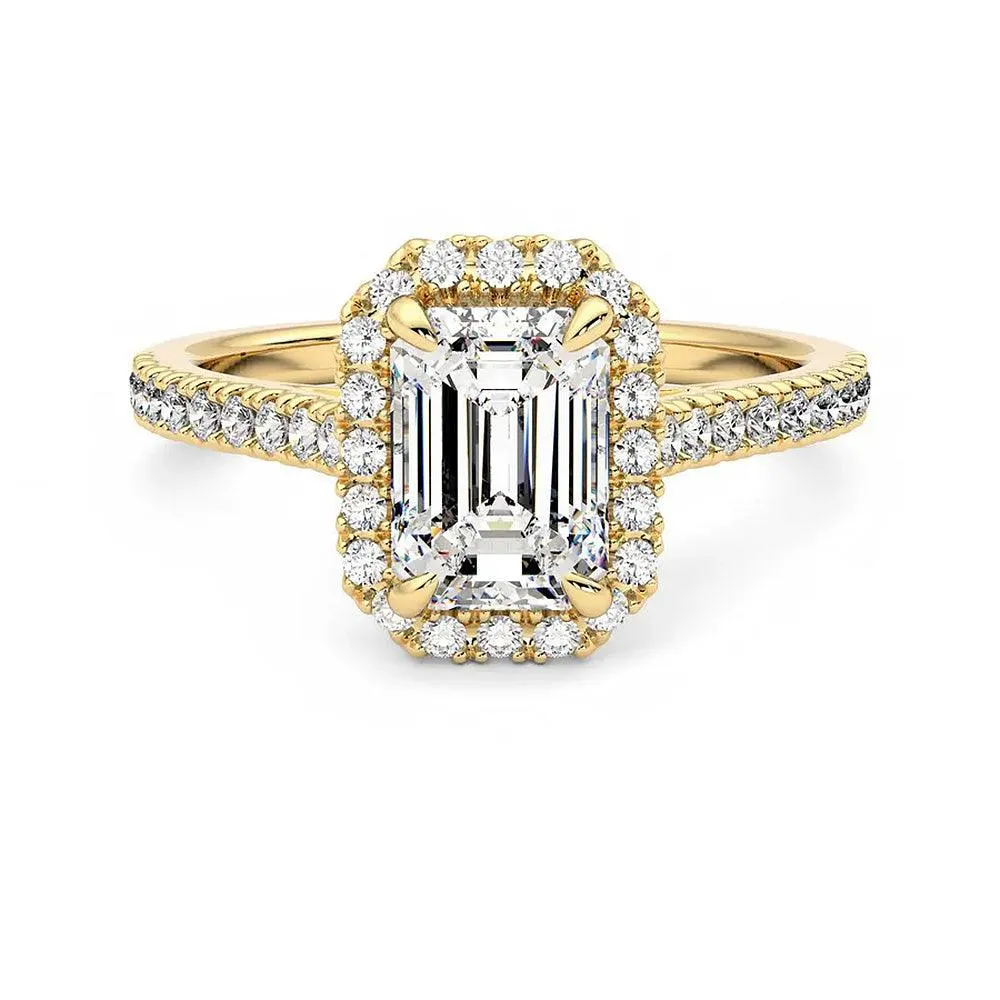 Emerald Cut Halo Moissanite Engagement Ring with Hidden Anniversary Stone Accent Off The Rack