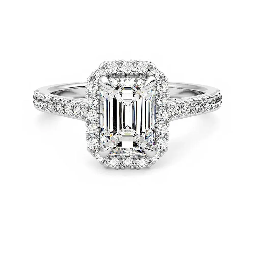 Emerald Cut Halo Moissanite Engagement Ring with Hidden Anniversary Stone Accent Low-Cost Art